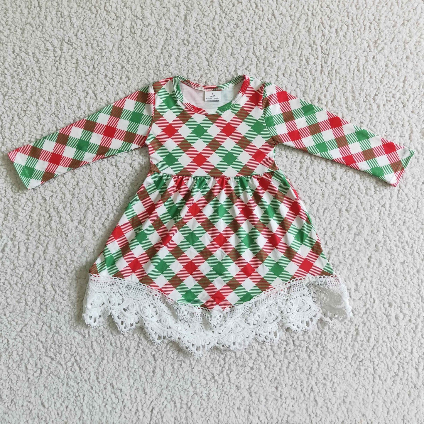 GLD0023 Christmas Green Red Plaid Lace Ruffles Girls Long Sleeve Dresses