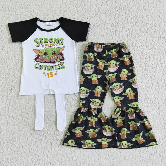 E1-2 Strong Green Cartoon Girls Short Sleeve Bell Bottom Pants Outfits