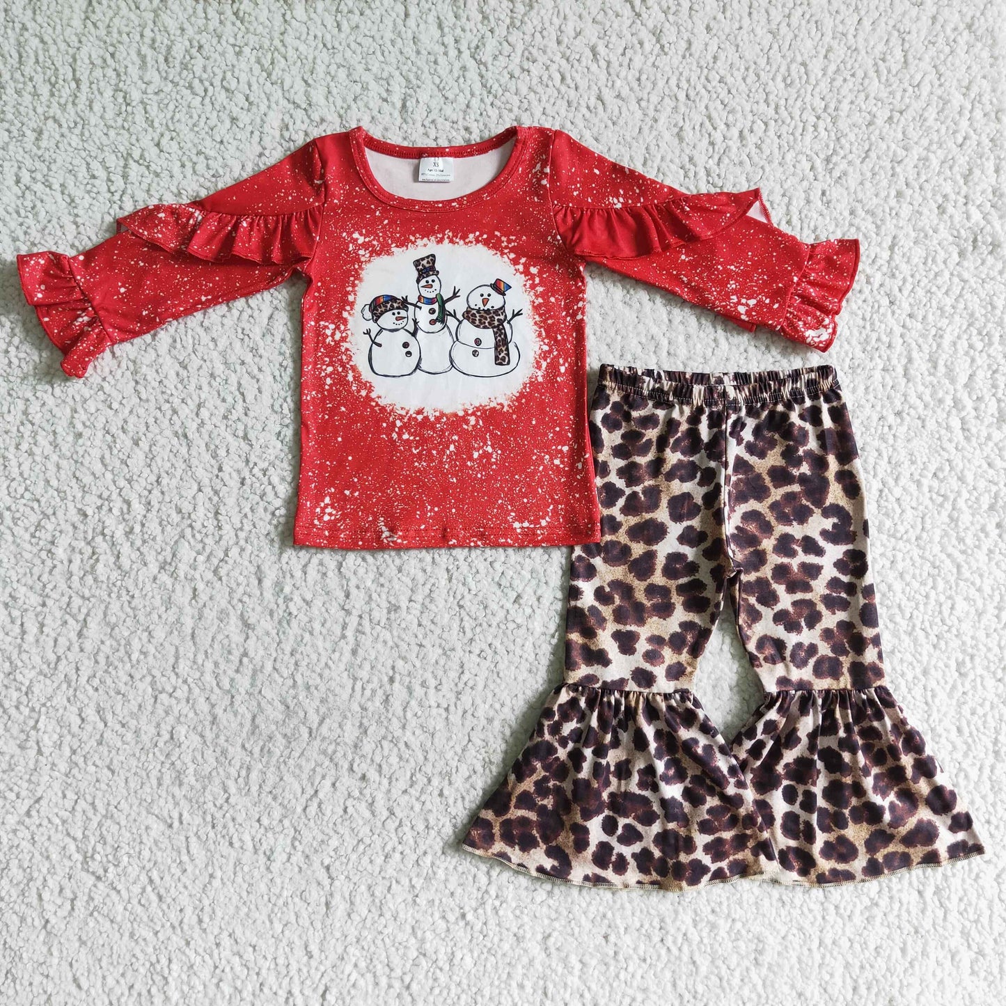 GLP0103 Red Snowman Winter Leopard Ruffles Girls Long Sleeve Bell Bottom Pants Outfits