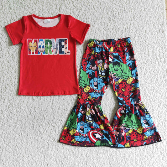 GSPO0159 Movie Film Hero Red Girls Short Sleeve Bell Bottom Pants Outfits