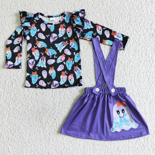 GLD0026 Halloween Purple Ghost Cartoon Girls Long Sleeve With Skirt Overall Dresses Outfits