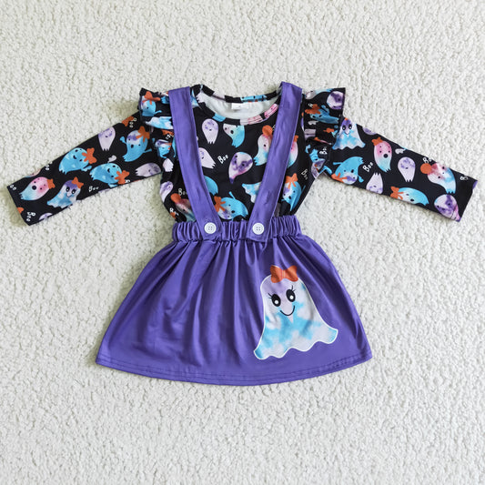 GLD0026 Halloween Purple Ghost Cartoon Girls Long Sleeve With Skirt Overall Dresses Outfits