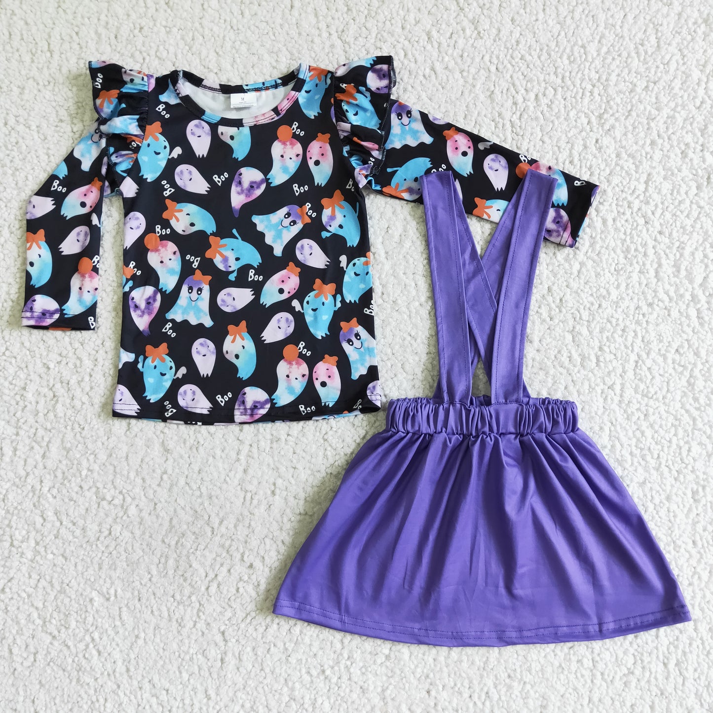 GLD0026 Halloween Purple Ghost Cartoon Girls Long Sleeve With Skirt Overall Dresses Outfits