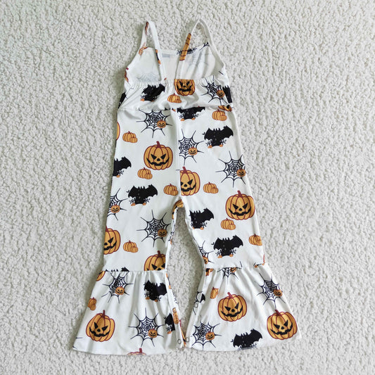 SR0067 Halloween Pumpkin Orange Bat Girls Sleeveless Jumpsuit