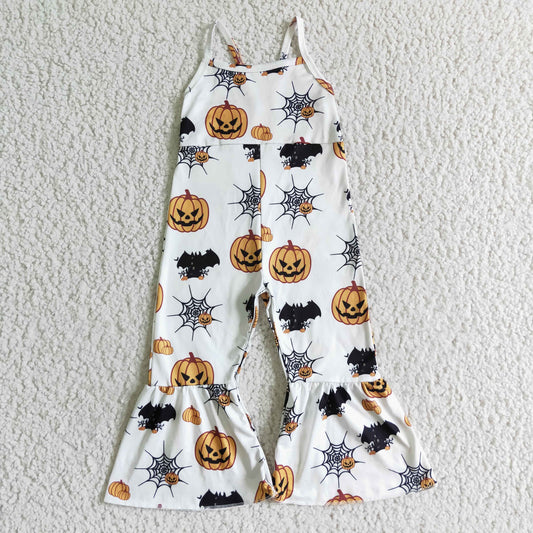 SR0067 Halloween Pumpkin Orange Bat Girls Sleeveless Jumpsuit