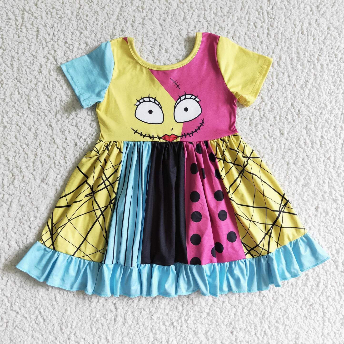 GSD0130 Halloween Cartoon Yellow Blue Girls Short Sleeve Dresses