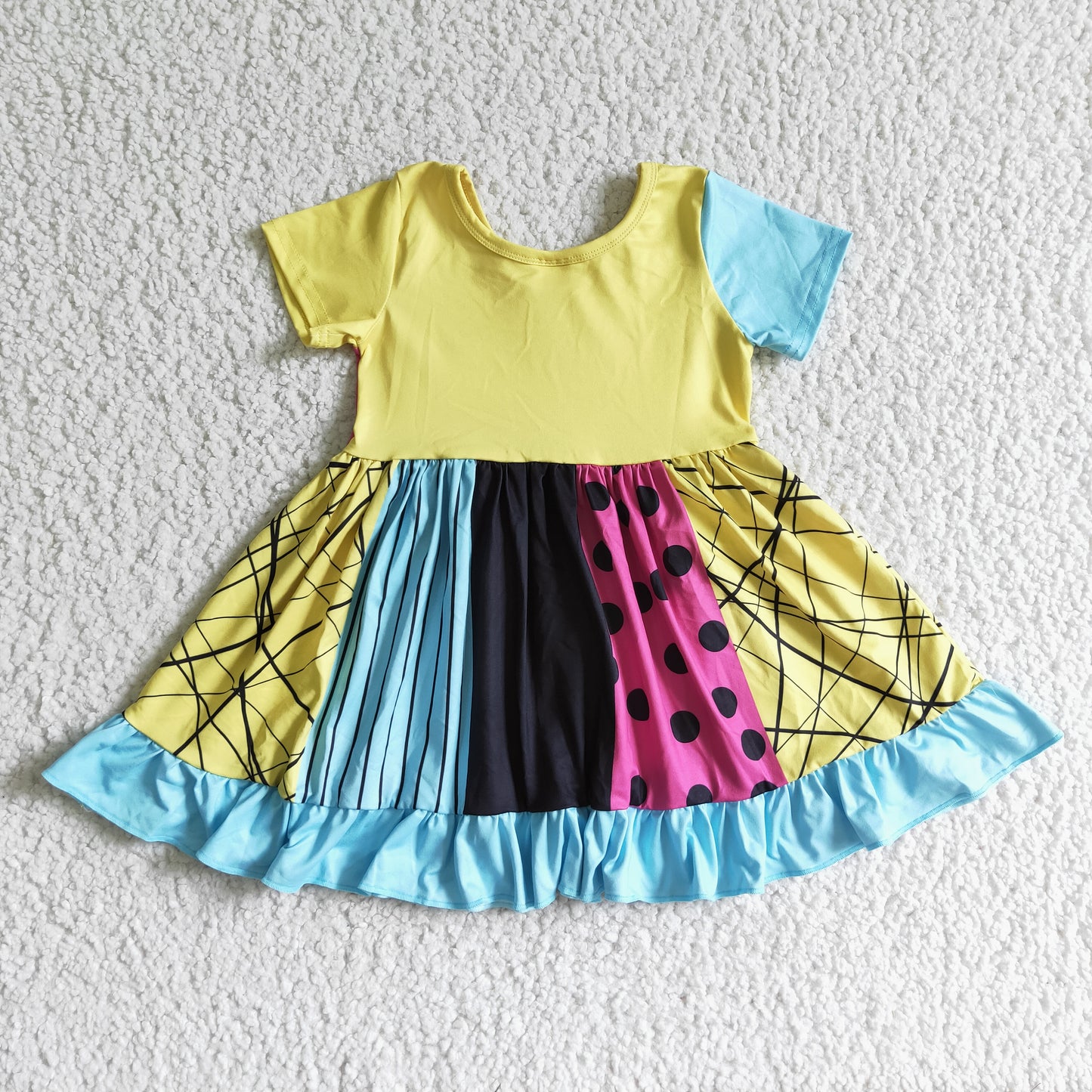 GSD0130 Halloween Cartoon Yellow Blue Girls Short Sleeve Dresses