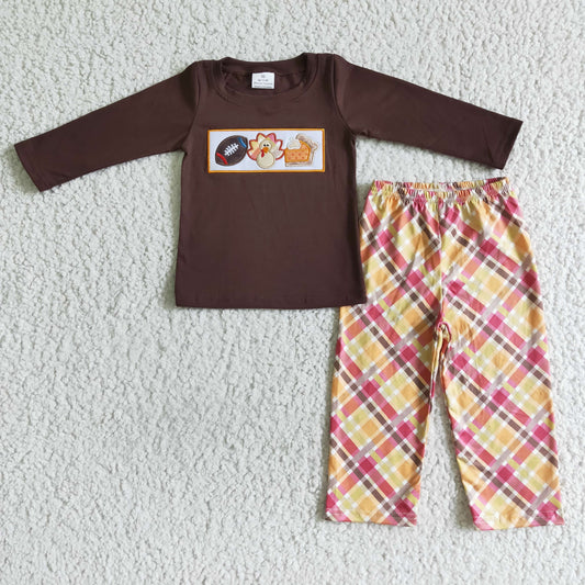 BLP0005 Thanksgiving Turkey Football Yellow Embroidery Boys Long Sleeve Pants Outfits