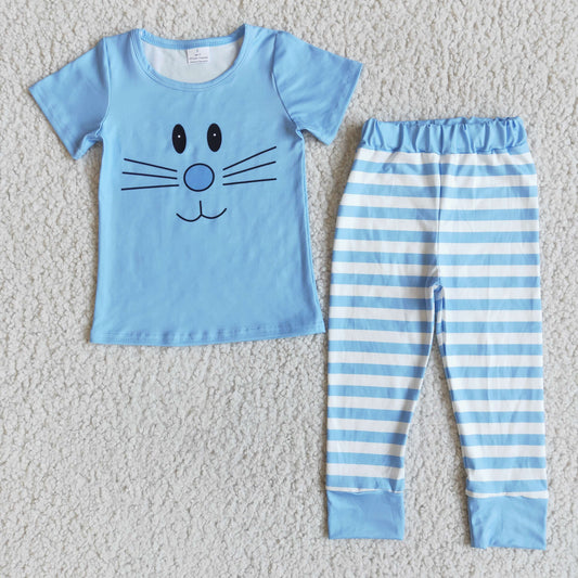 Clearance D7-5 Blue Easter Striped Print Cat Girls Short Sleeve Pants Outfits Pajamas