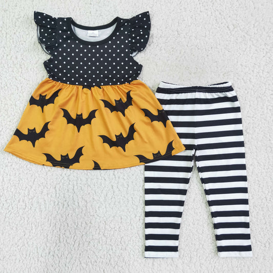 GSPO0171 Halloween Orange Bat Stripes Dots Tunic Girls Short Sleeve Pants Outfits