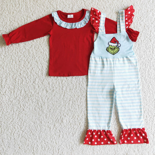 GLP0192 Christmas Red Santa Green Cartoon Overalls Girls Long Sleeve Bell Bottom Pants Outfits