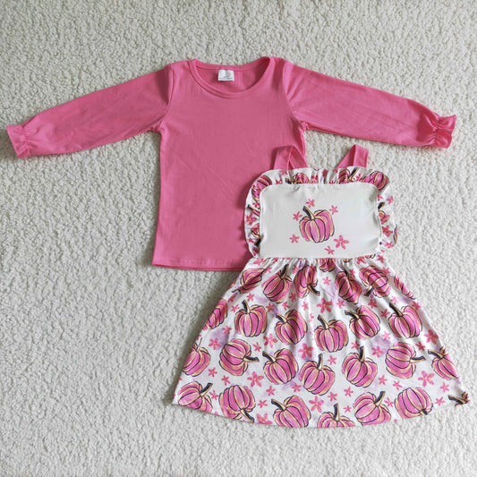 GLD0032 Halloween Pink Pumpkin Floral Girls Long Sleeve Top With Skirt Overall Dresses Outfits