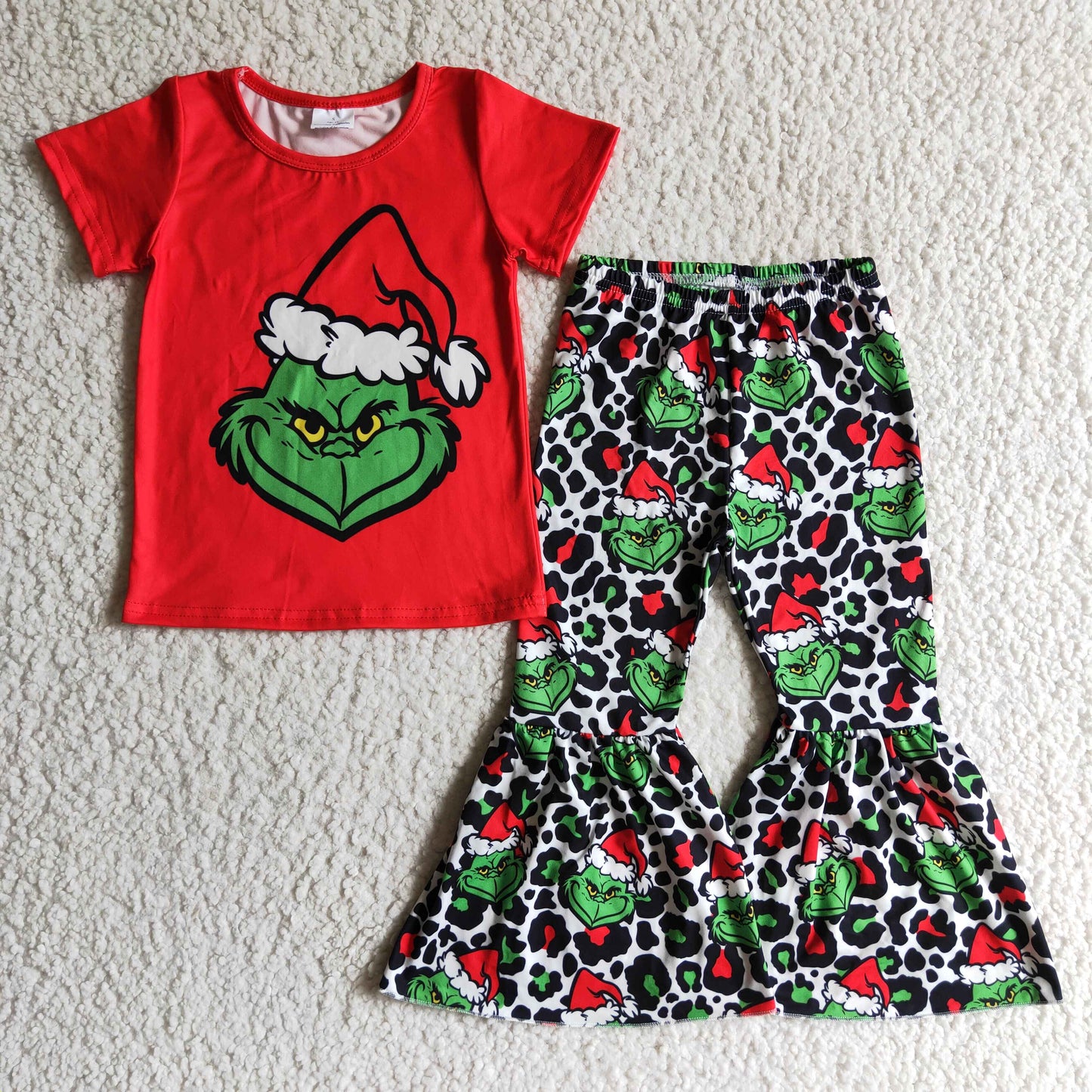 GSPO0162 Christmas Santa Red Green Cartoon Leopard Girls Short Sleeve Bell Bottom Pants Outfits