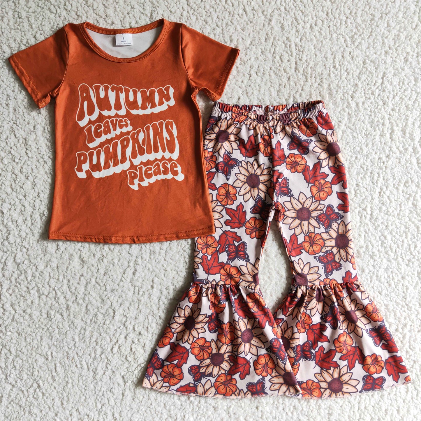 GSPO0193 Halloween Autumn Leaves Pumpkins Plaese Orange Floral Girls Short Sleeve Bell Bottom Pants Outfits