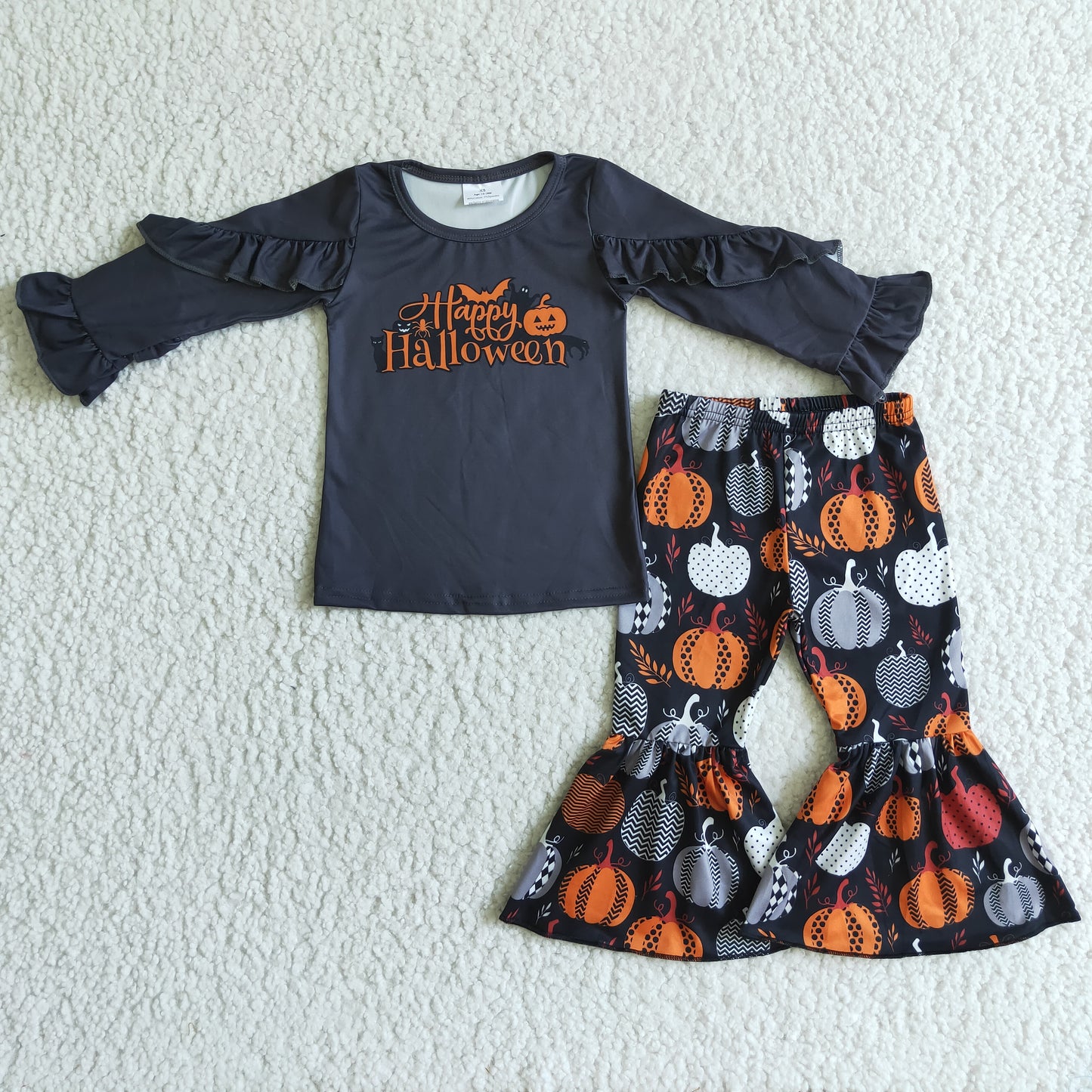 GLP0178 Happy Halloween Black Pumpkin Girls Long Sleeve Bell Bottom Pants Outfits