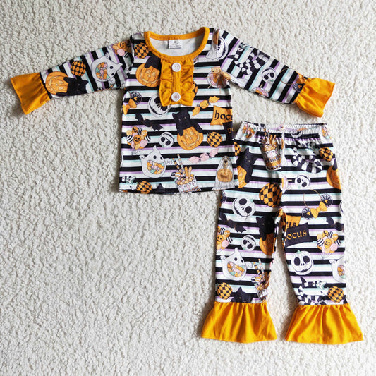 GLP0238 Halloween Pumpkin Snake Cat Orange Black Stripes Ghost Cartoon Girls Long Sleeve Pajamas