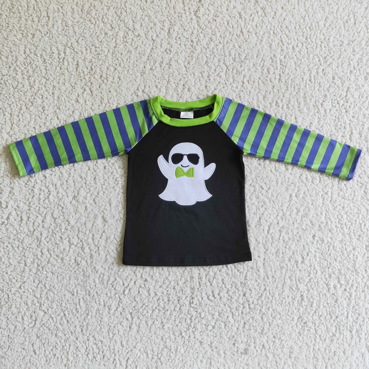 BT0066 Halloween Glasses Ghost Cartoon Green Blue Stripes Boys Long Sleeve Top T-shirts