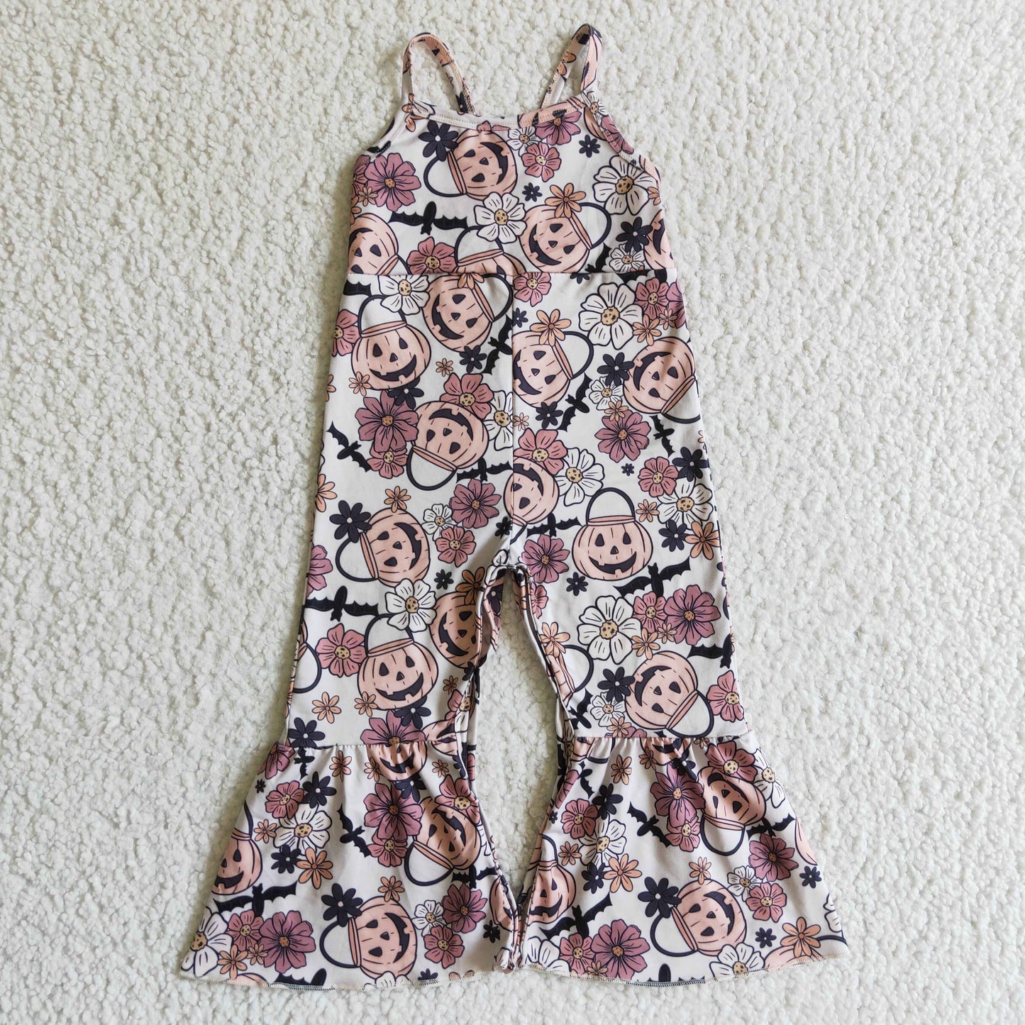 SR0095 Halloween Pumpkin Ghost Cartoon Bat Floral Pink  Girls Sleeveless Jumpsuit Overall Pants