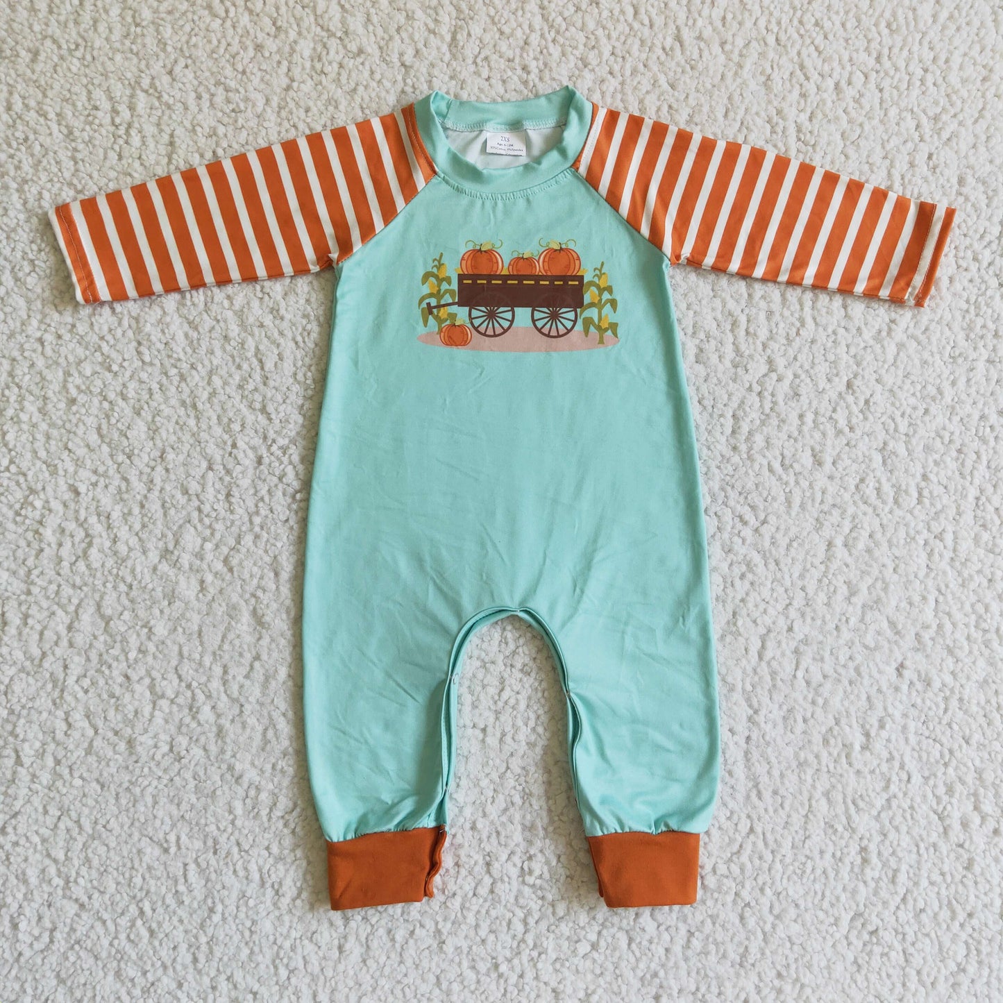 LR0046 Halloween Pumpkin Blue Orange Stripes Boys Long Sleeve Romper