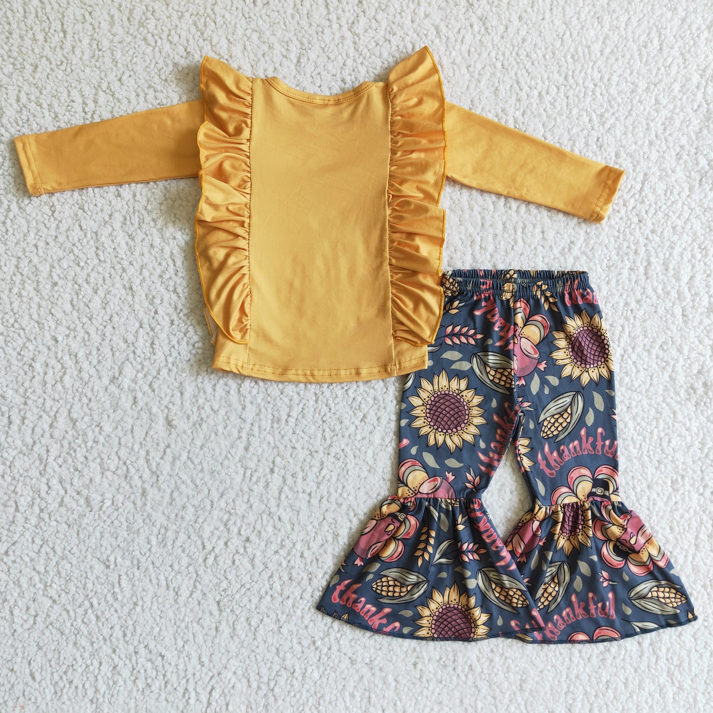 GLP0201 Thanksgiving Turkey Sunflower Corn Ruffles Girls Long Sleeve Bell Bottom Pants Outfits