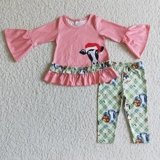 Clearance 6 C10-30 Christmas Cow Santa Red Pink Green Girls Long Sleeve Pants Outfits