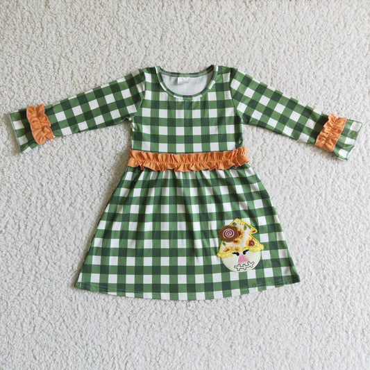 GLD0067 Orange Green Plaid Scarecrow Embroidery Girls Long Sleeve Dresses