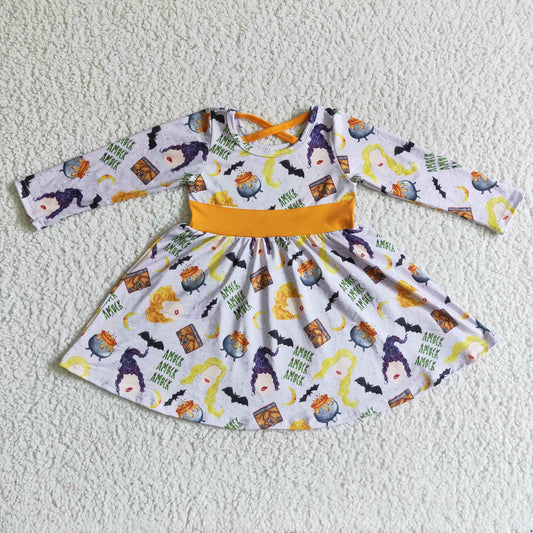 6 A13-4 Halloween Purple Orange Witch Cartoon Print Girls Long Sleeve Dresses