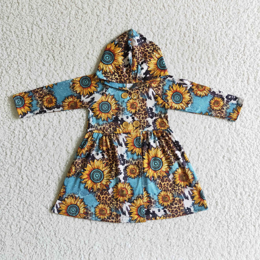 GT0028 Blue Leopard Sunflower Hoodies Girls Long Sleeve Dresses