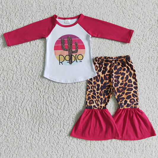 Clearance 6 A17-15 Cactus Hot Pink Rodeo Leopard Print Girls Long Sleeve Bell Bottom Pants Outfits