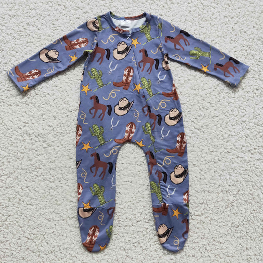 LR0230 Blue Cowboy Horses Boots Cactus Western Zipper Girls Long Sleeve Romper