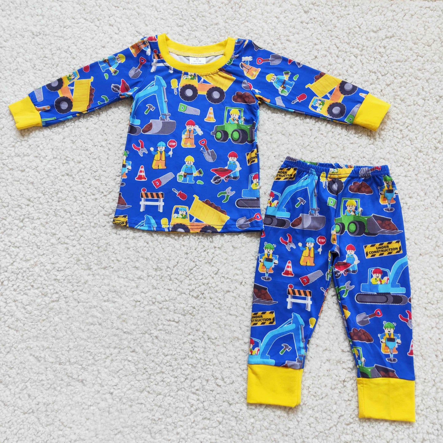 6 B13-7 Blue Yellow Cartoon Truck Boys Long Sleeve Pajamas