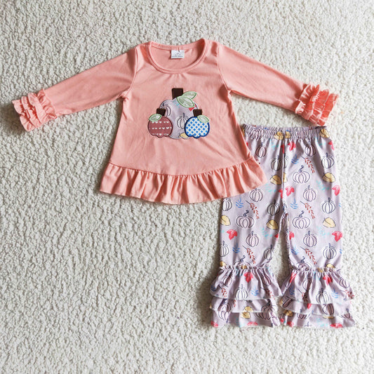 GLP0209 Halloween Pumpkin Pink Embroidery Ruffles Girls Long Sleeve Pants Outfits