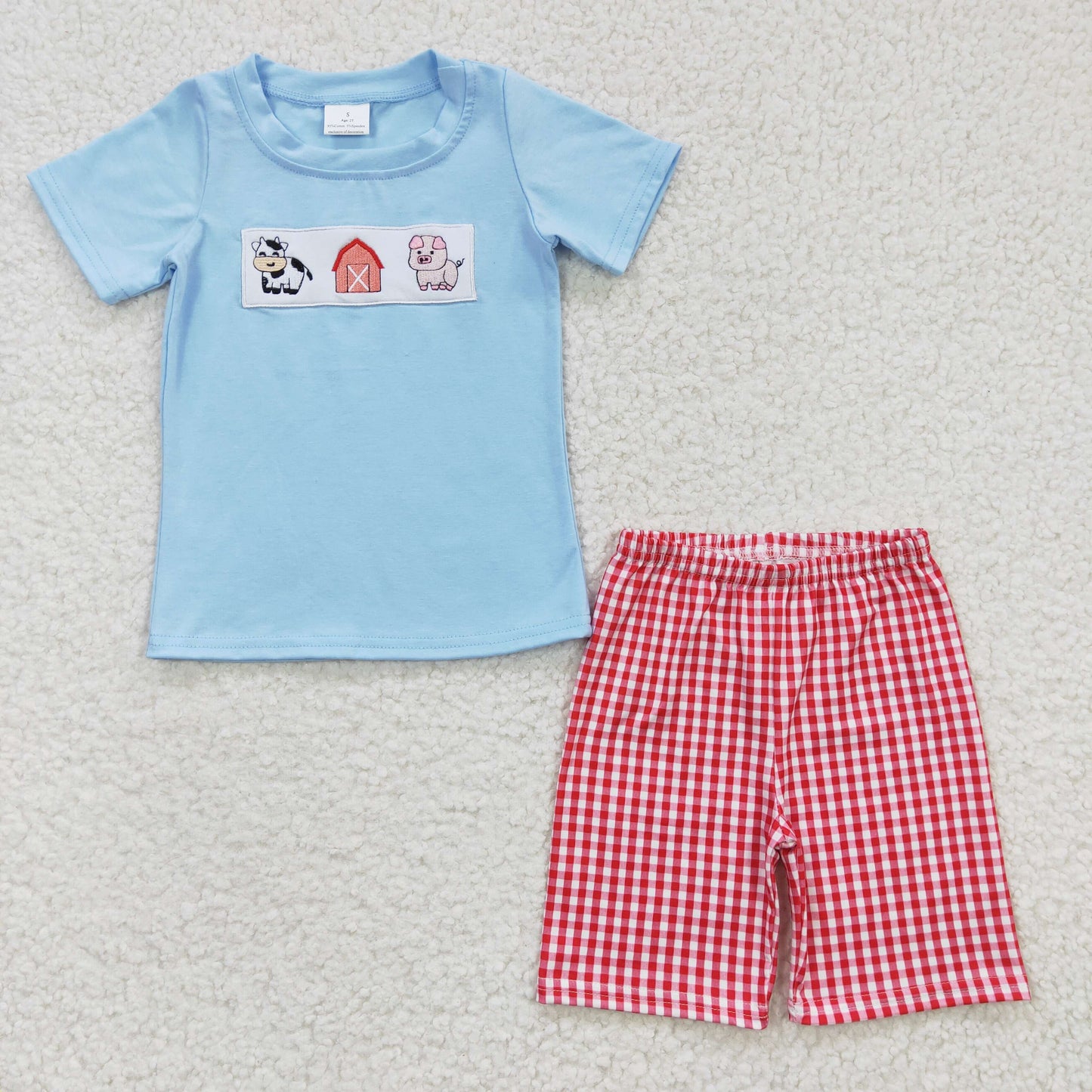 BSSO0181 Blue Red Plaid Farm Cow Pig Embroidery Boys Short Sleeve Shorts Outfits