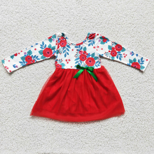 GLD0120 Christmas Red Green Floral Flower Rose Tulle Tutu Girls Long Sleeve Dresses