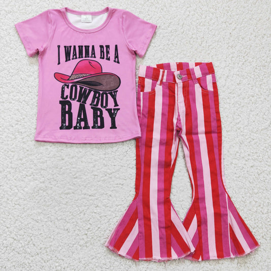 2pcs  I Wanna Be A Cowboy Baby Pink Top+ Pink Denim Girls Short Sleeve Bell Bottom Pants Outfits