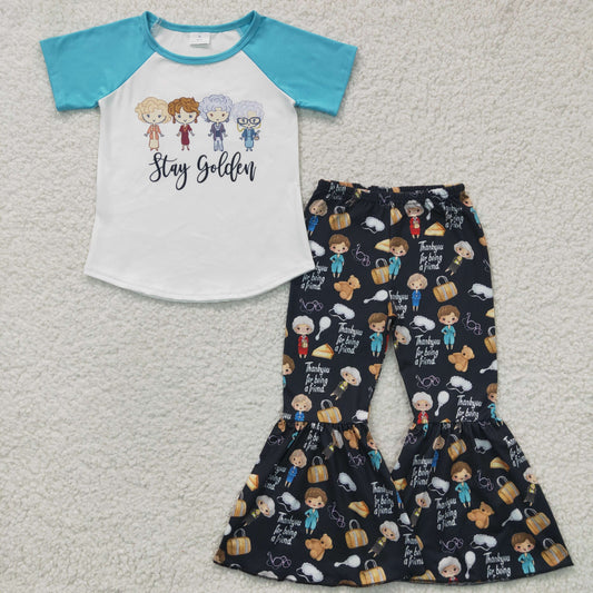 Clearance C6-23 Stay Golden Blue Cartoon Girls Short Sleeve Pants Outfits