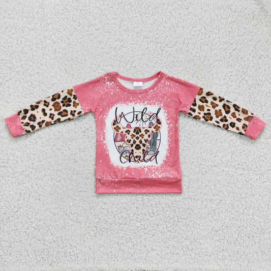 GT0083 Pink Bleach Leopard Highland Cow Wild Child Girls Long Sleeve Top