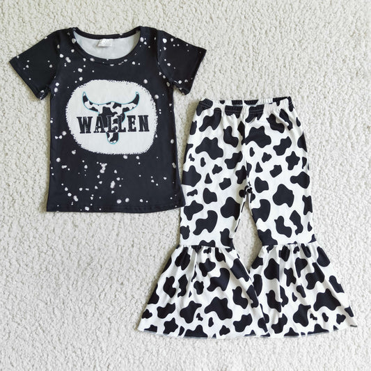 Clearance B6-25 Black Bleach Cow Print Girls Short Sleeve Pants Outfits