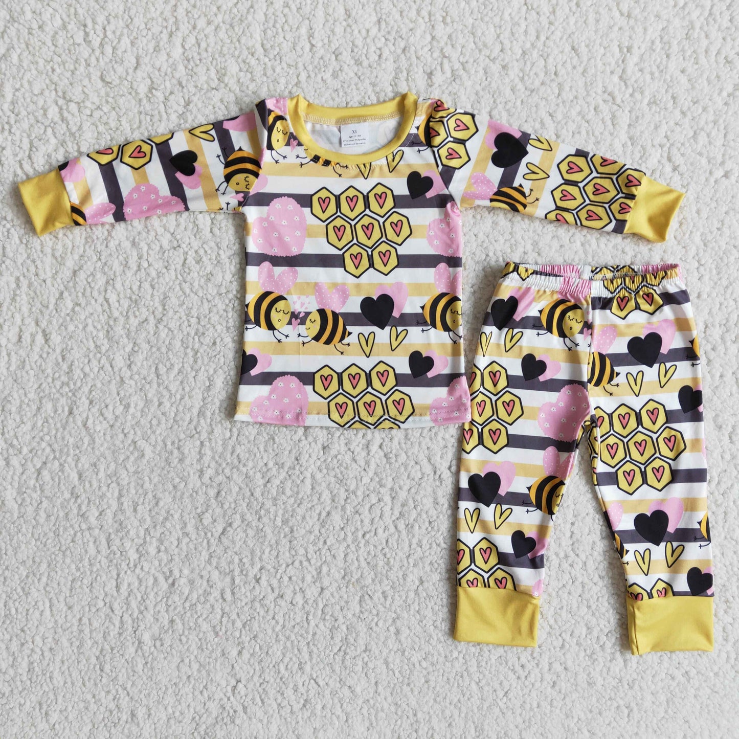 Clearance 6 C10-36 Valentine Bee Print Girls Long Sleeve Bell Bottom Pants Outfits Pajamas