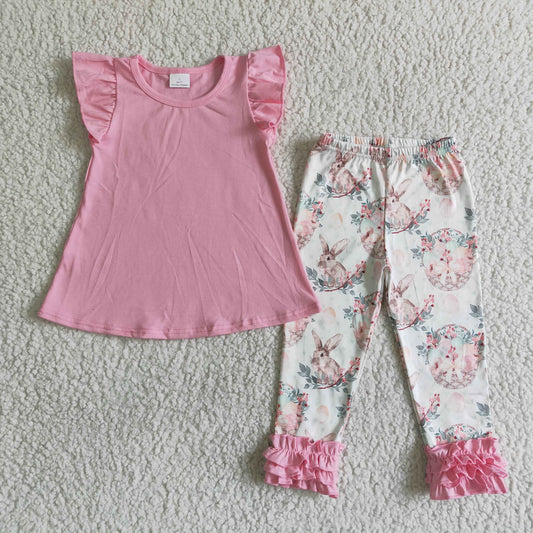 Clearance B13-28 Easter Pink Rabbits Girls Flutter Sleeve Pants Outfits