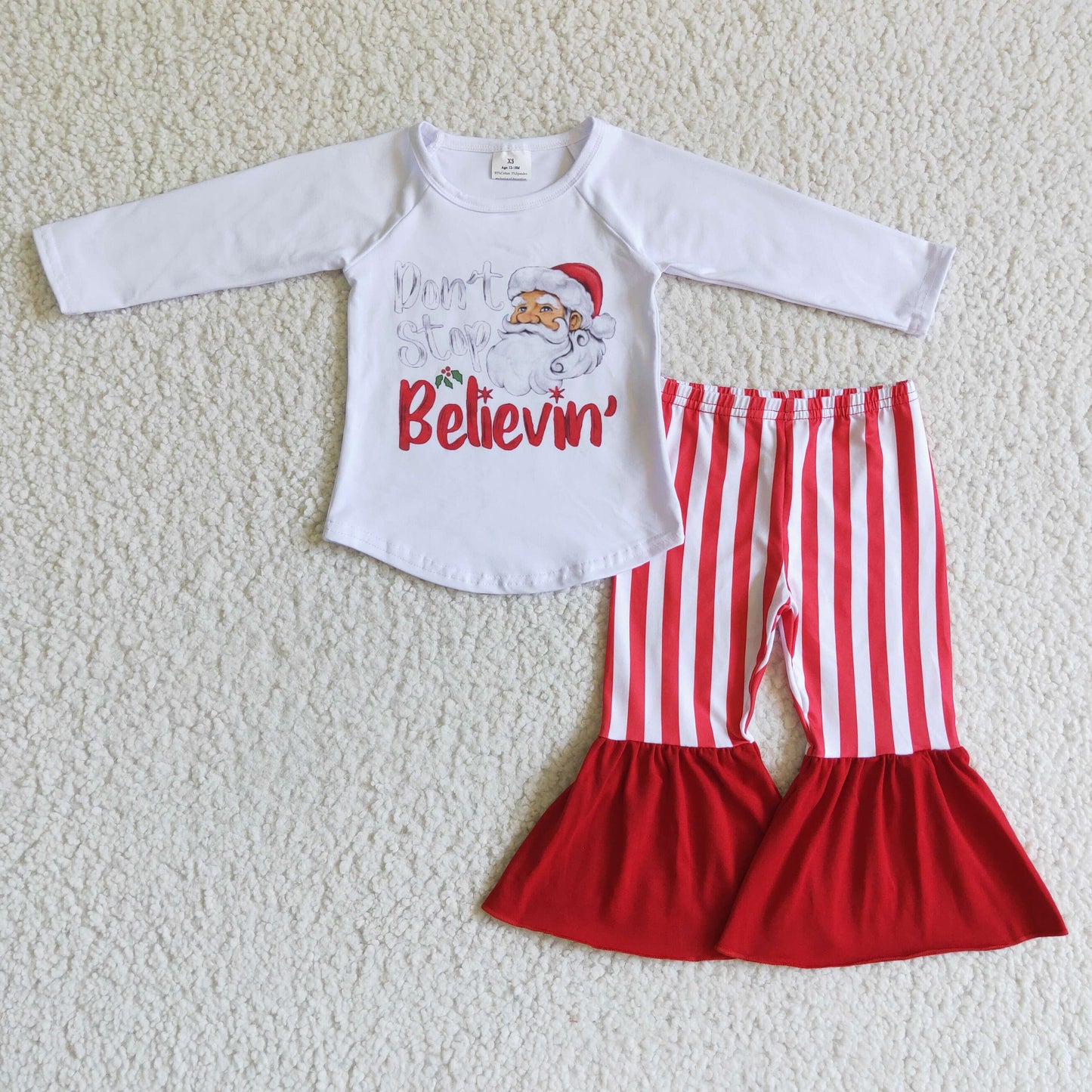 6 A19-30 Christmas Santa Red Striped Don't Stop Believin' Girls Long Sleeve Bell Bottom Pants Outfits