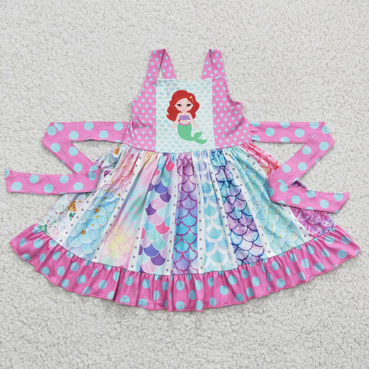 Clearance C1-8 Mermaid Pink Belt Patchwork Girls Sleeveless Dresses