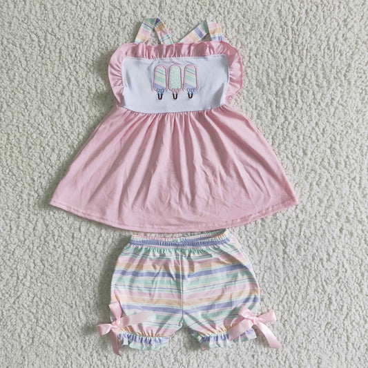 GSSO0012 PInk Popsicle Embroidery Striped Girls Sleeveless Shorts Outfits