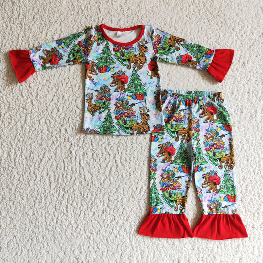 GLP0242 Christmas Green Red Reindeer Dog Tree Gift Cartoon Girls Long Sleeve Pajamas