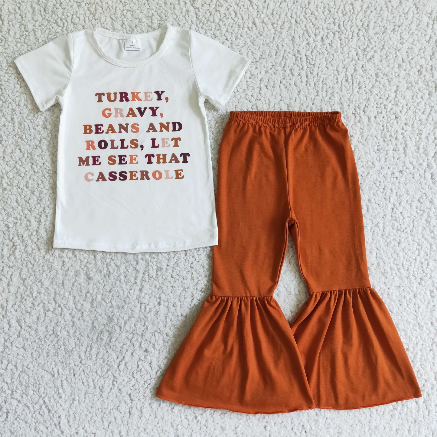 D7-18 Thanksgiving Day Turkey Letter Orange Girls Short Sleeve Bell Bottom Pants Outfits