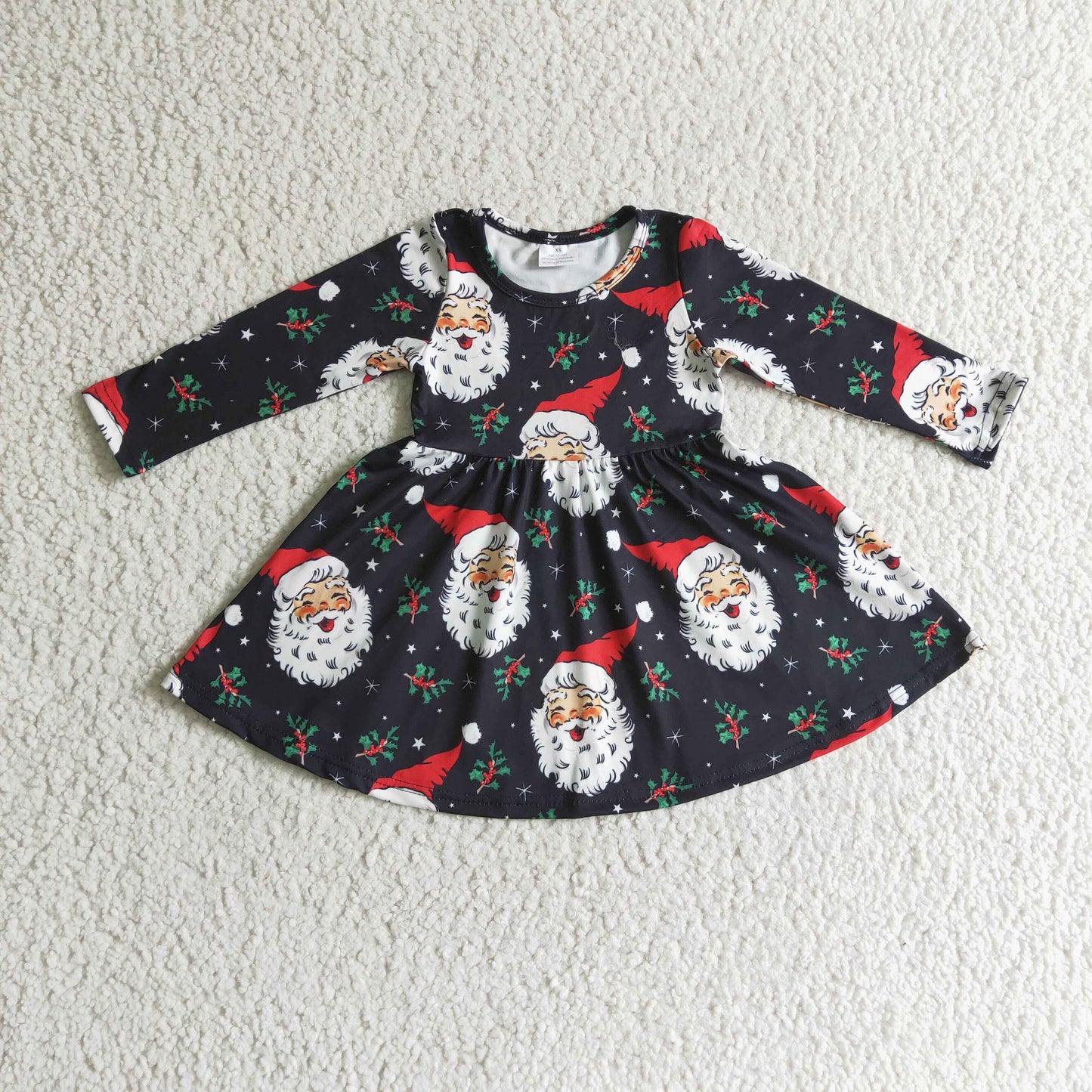 GLD0102 Christmas Santa Red Green Tree Black Girls Long Sleeve Dresses