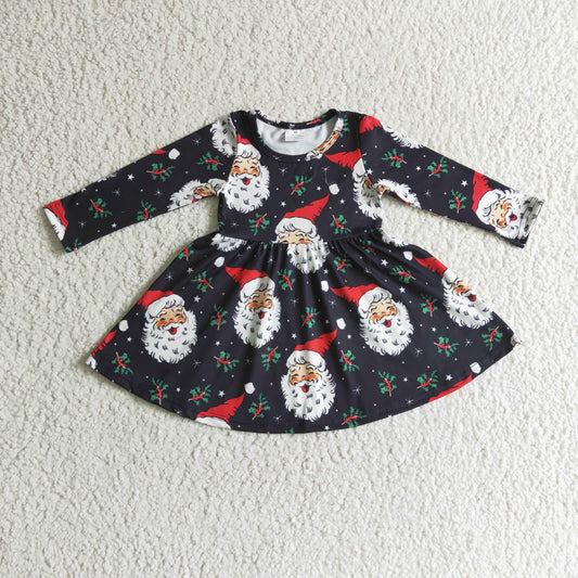 GLD0102 Christmas Santa Red Green Tree Black Girls Long Sleeve Dresses