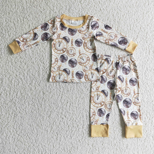 BLP0101 Yellow Clock Boys Long Sleeve Pants Outfits Pajamas