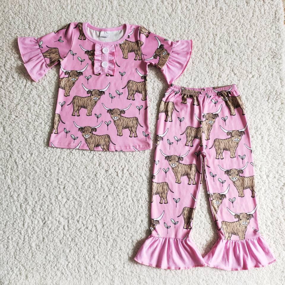 B7-25 Pink Cow Heifer  Pajamas Girls Short Sleeve Pants Outfits