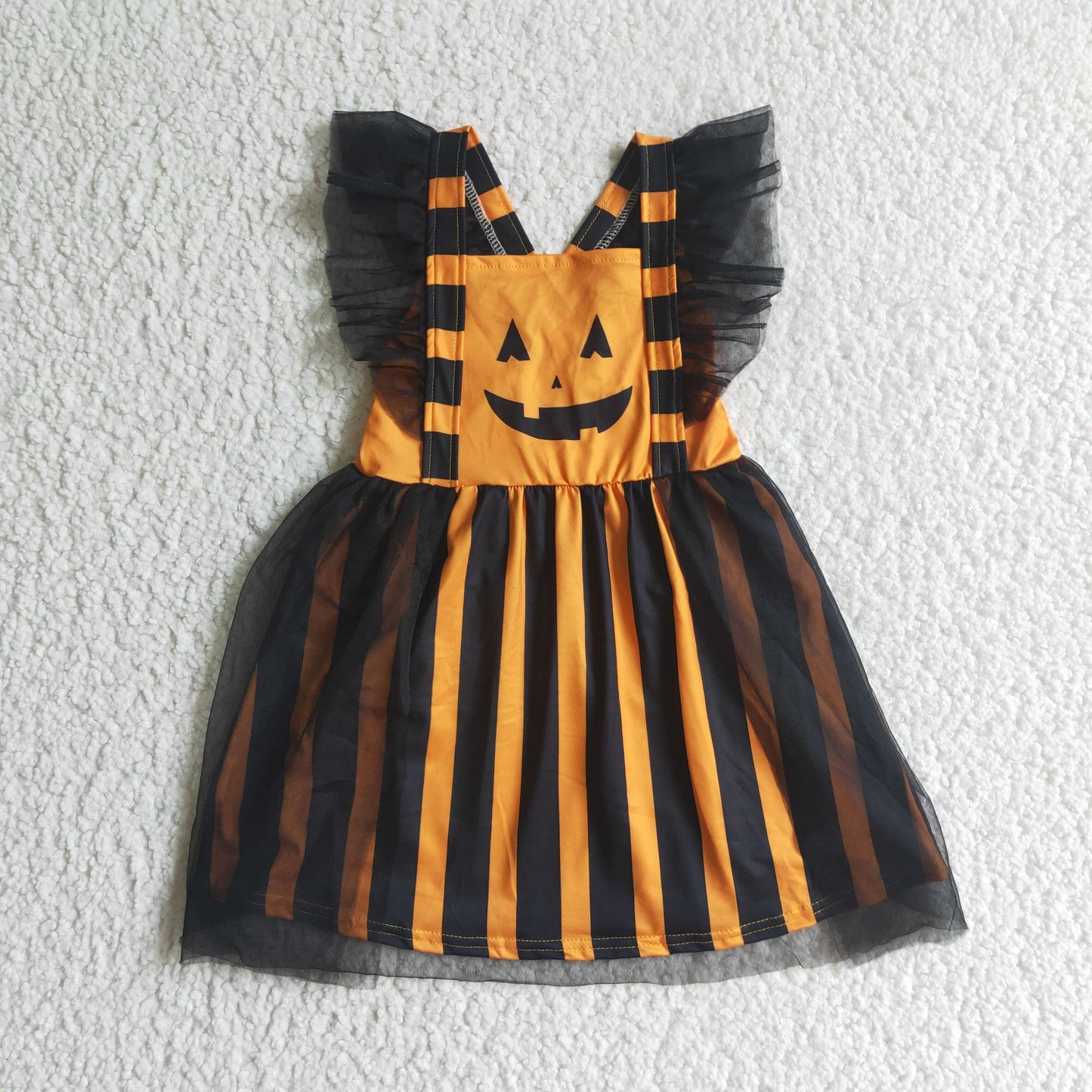 promotion RTS GSD0138 Halloween Pumpkin Orange Stripes Black Tutu Tulle Girls Short Sleeve Dresses